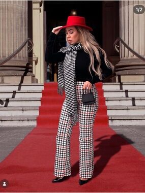 BLDWN Black, Red & White Houndstooth Straight-Leg Denim Pants